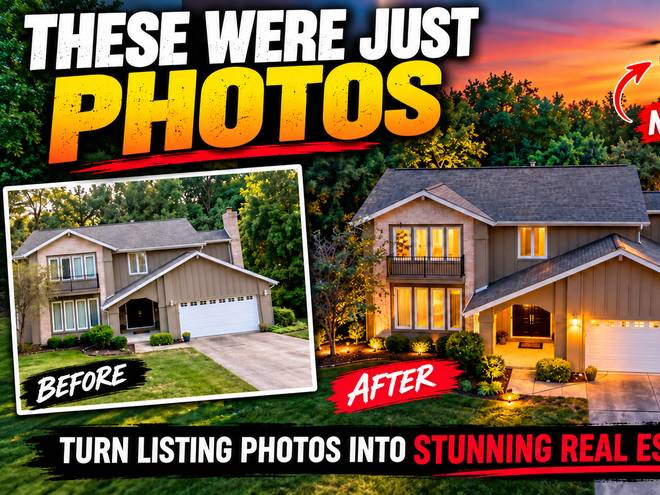These were just photos: the original listing photo of 5717 S Bridgeton Ln beside the cinematic AI twilight version