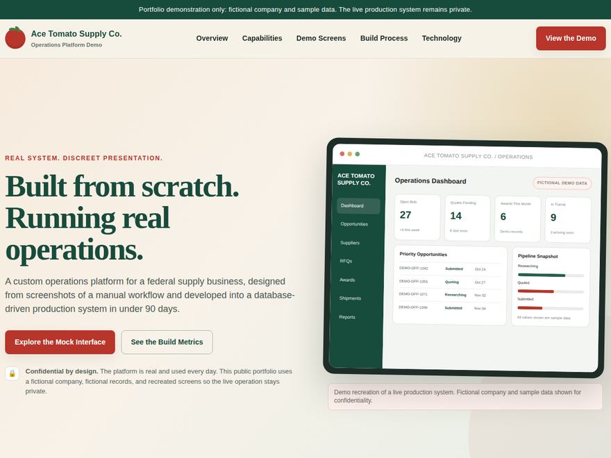 Ace Tomato Supply Co. demo: Built from scratch, Running real operations, beside a mock operations dashboard