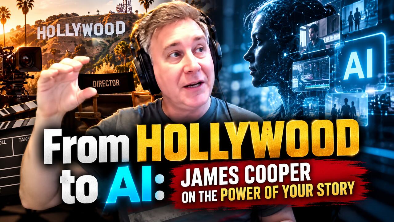 Episode 1 artwork: James Cooper, headphones on, between a Hollywood hillside and an AI-themed screen, with the title From Hollywood to AI.