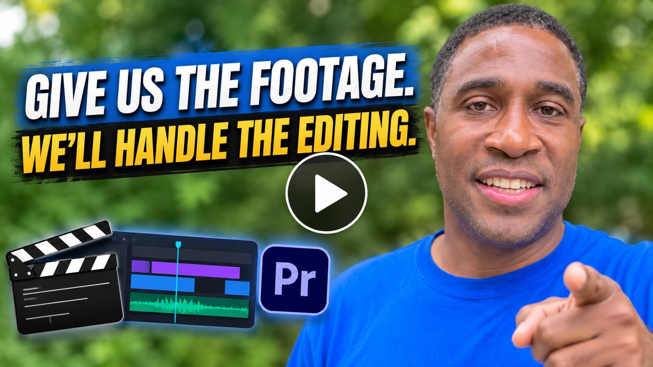Give us the footage. We&rsquo;ll handle the editing. &mdash; real estate video editing thumbnail with a clapperboard and editing timeline