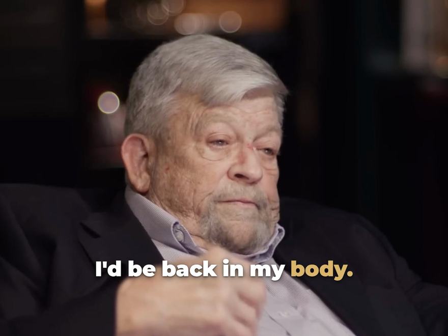 Joe McMoneagle mid-interview with the keyword caption I&rsquo;d be back in my body