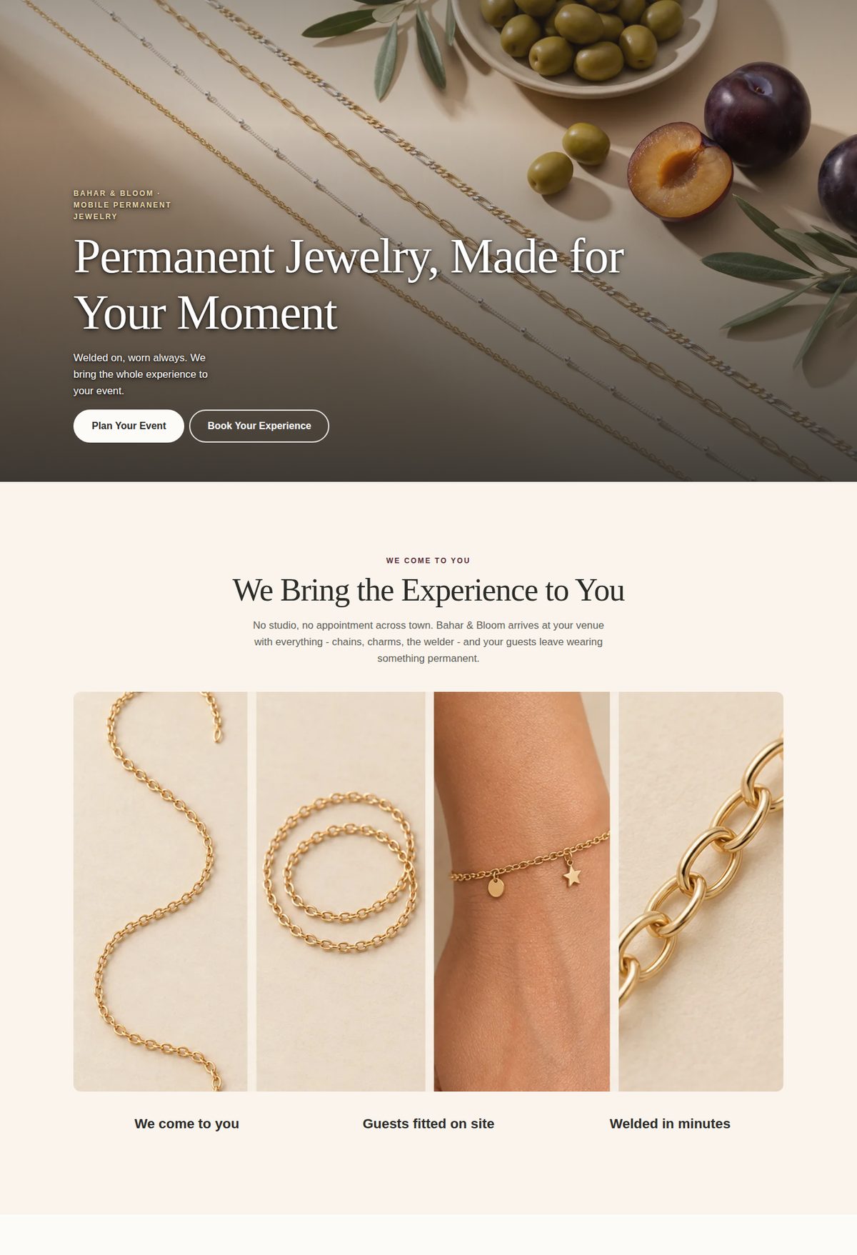 Desktop view of the finished Permanent Jewelry page: a photographic hero of gold and silver chains beside olives and plums under the headline Permanent Jewelry, Made for Your Moment, then a We Bring the Experience to You band with four chain photographs