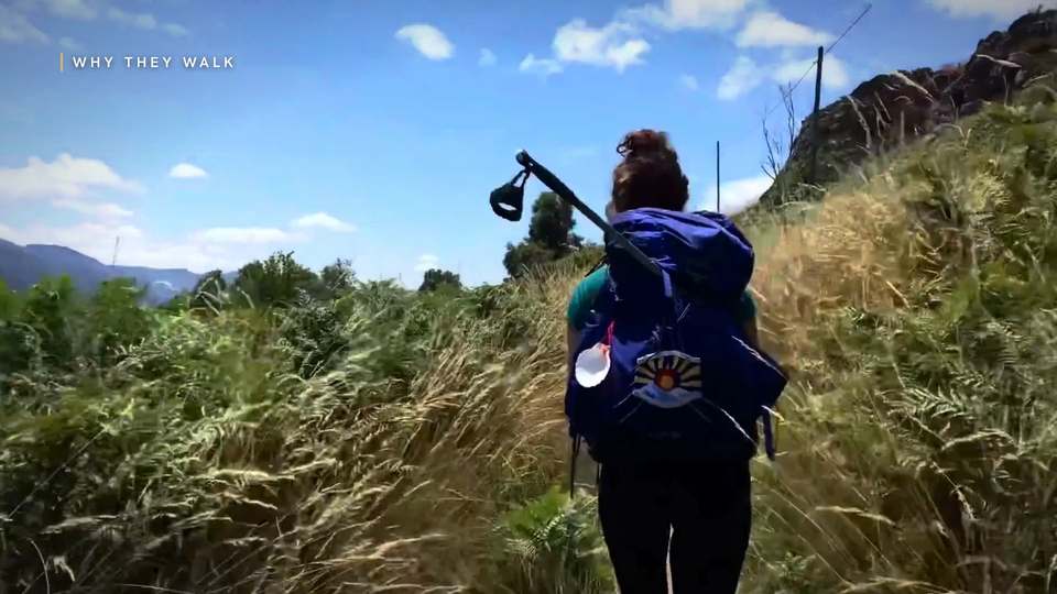 A hiker with a backpack walking through tall grass, chapter card reading Why They Walk