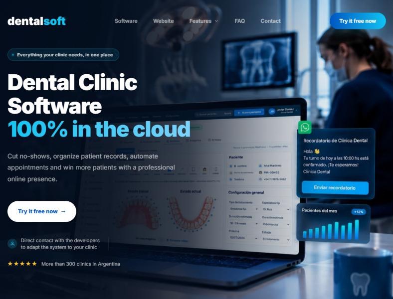 The same DentalSoft home page translated into English: Dental Clinic Software, 100% in the cloud
