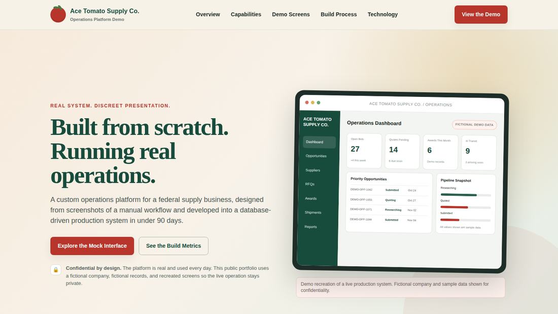 Home page of the Ace Tomato Supply Co. operations platform demo: the headline Built from scratch, Running real operations, beside a mock operations dashboard