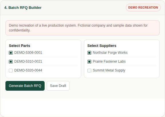 Demo screen 4, Batch RFQ Builder: choose parts on the left and suppliers on the right, then generate one batch request for quotes