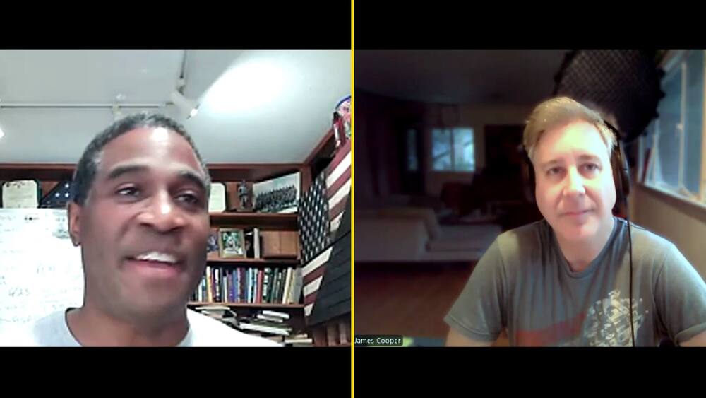 Two-shot of Clinton Douglas IV and James Cooper side by side, both smiling, split by a yellow line.