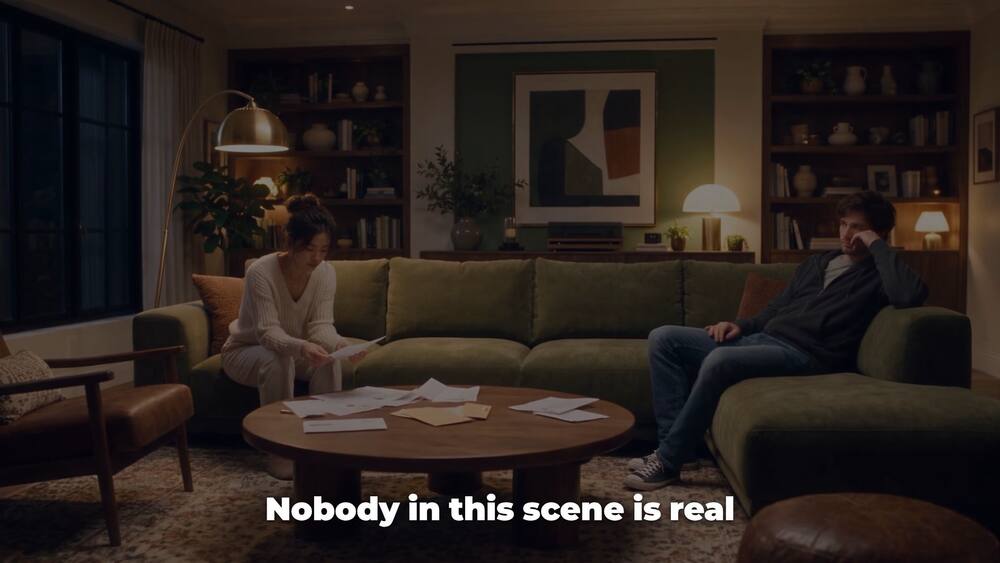 An AI-generated couple in a living room, captioned Nobody in this scene is real.