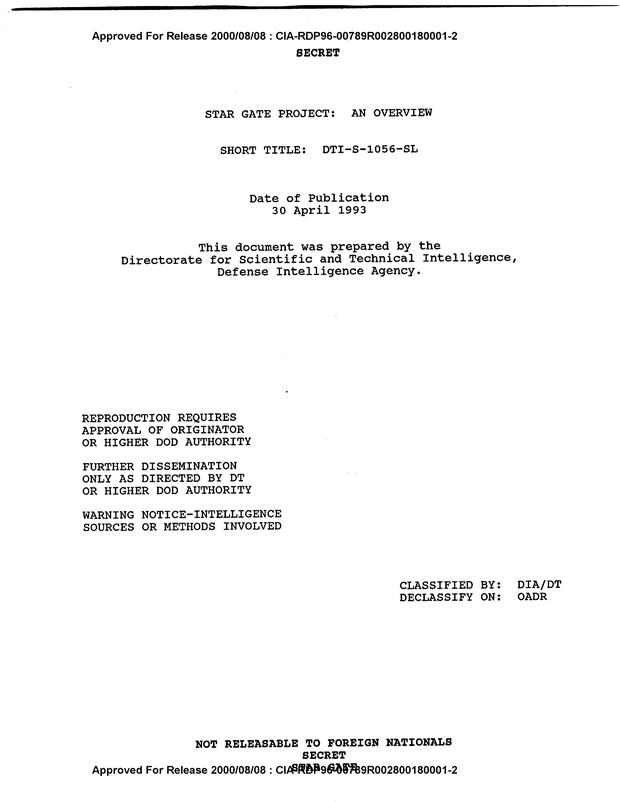Cover page of the declassified DIA document STAR GATE PROJECT: AN OVERVIEW, 1993, declassified 2000