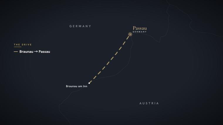 Animated map card showing the night drive to Passau, Germany
