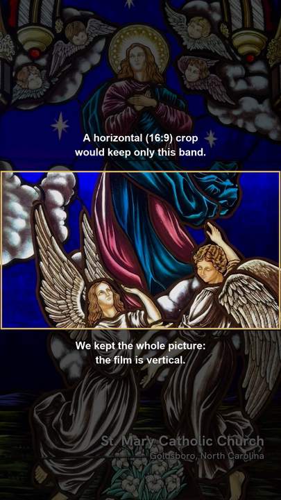 A vertical stained-glass frame with an outlined horizontal band showing how little a 16:9 crop would keep