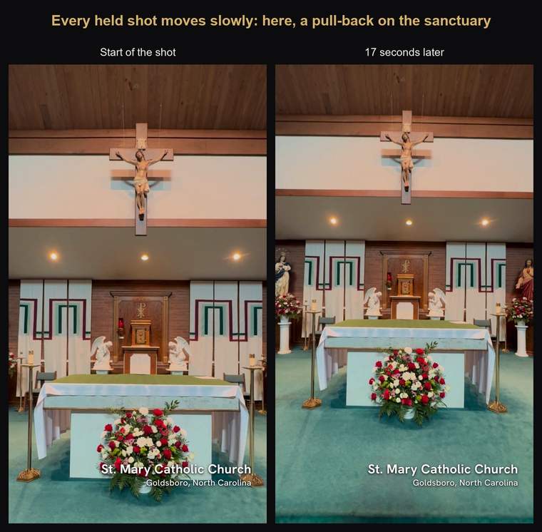 The sanctuary at the start of a shot and seventeen seconds later, showing a gentle pull-back