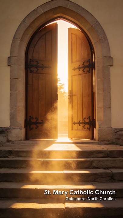 AI-generated scene: wooden church doors opening into warm light