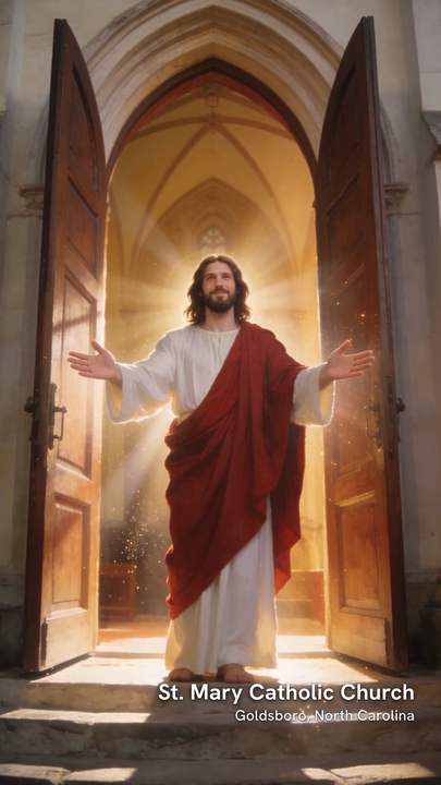 AI-generated scene: Jesus standing in an open church doorway with arms wide